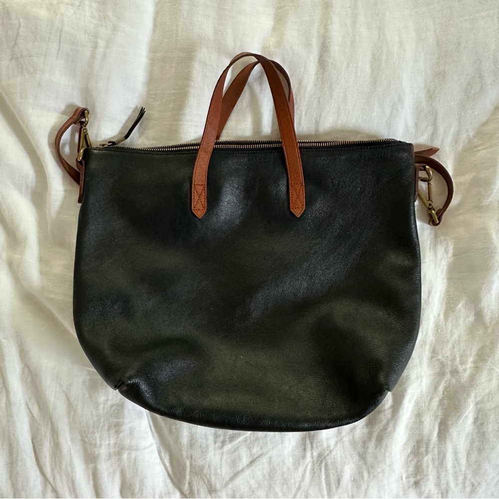 Madewell Black Leather Medium Transport Tote With Brown Handles/Strap (Zip top)